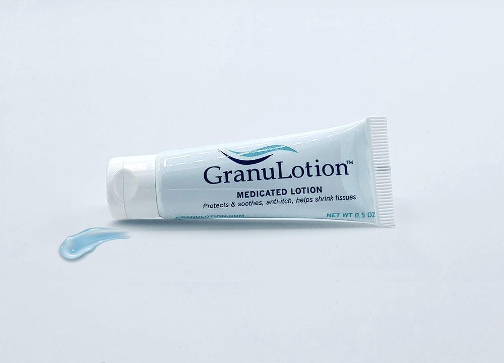 GranuLotion medicated lotion angled display highlighting on-the-go hydration support