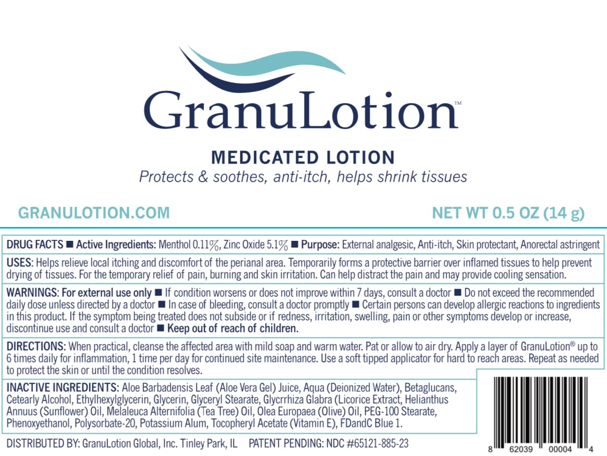 GranuLotion medicated lotion label close-up with activated astringent technology