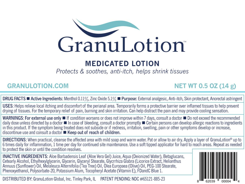 GranuLotion medicated lotion label close-up with activated astringent technology