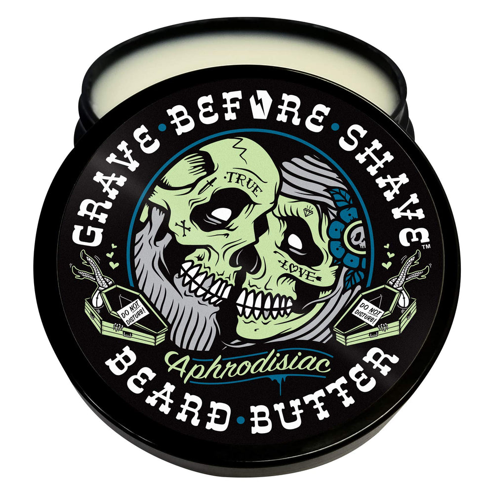 Grave Before Shave 4 oz beard butter tub showing leather cedar scent for grooming.