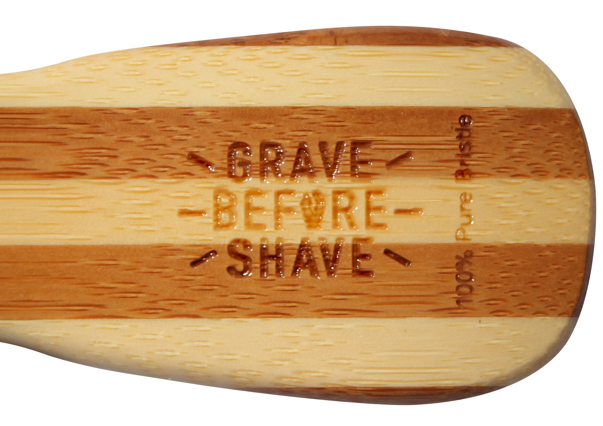 Grave Before Shave beard brush bamboo handle closeup shows natural wood beauty.
