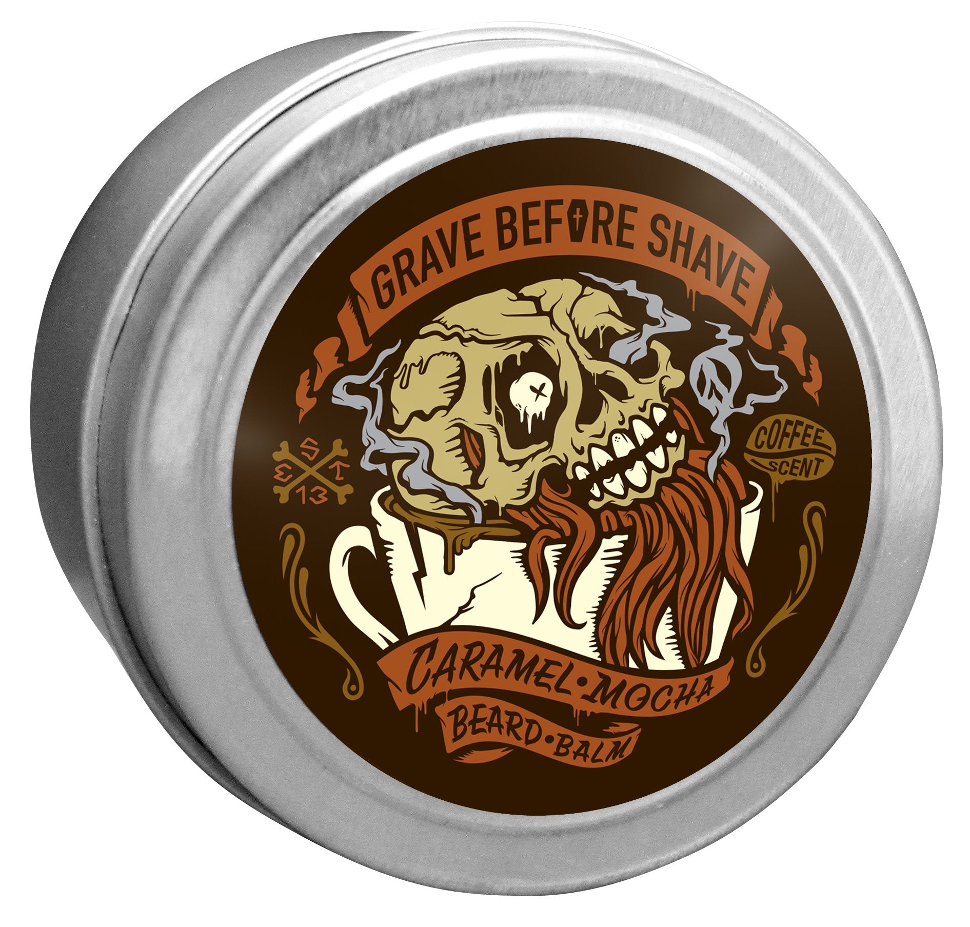 Grave Before Shave Caramel Mocha beard balm tin helps tame flyaways and soften beard hairs