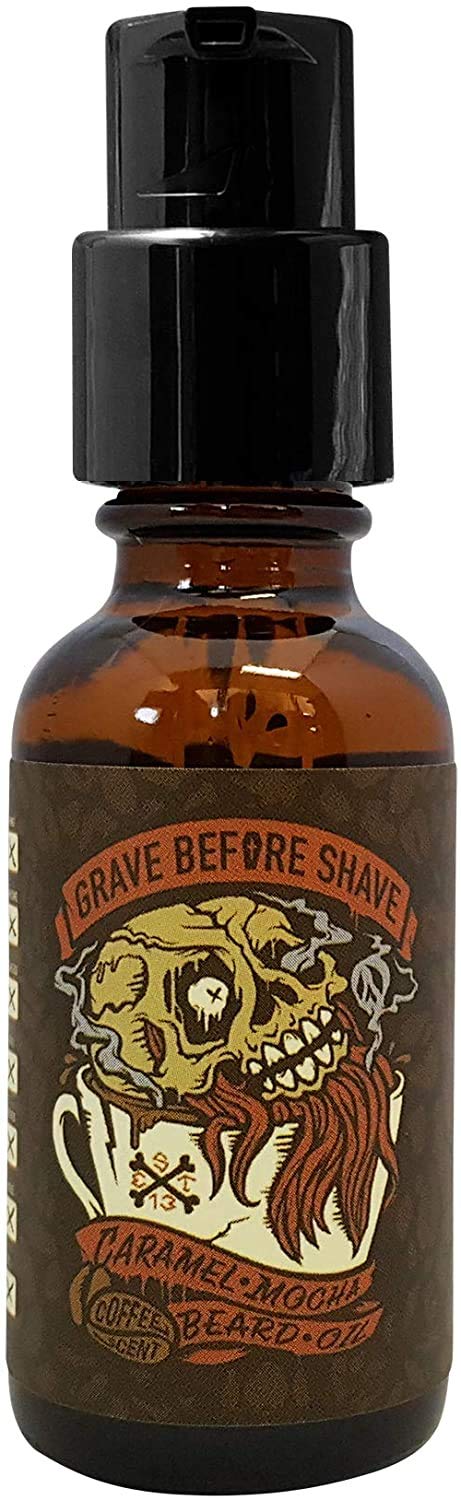 Grave Before Shave Caramel Mocha Oil application image illustrating beard hydration.