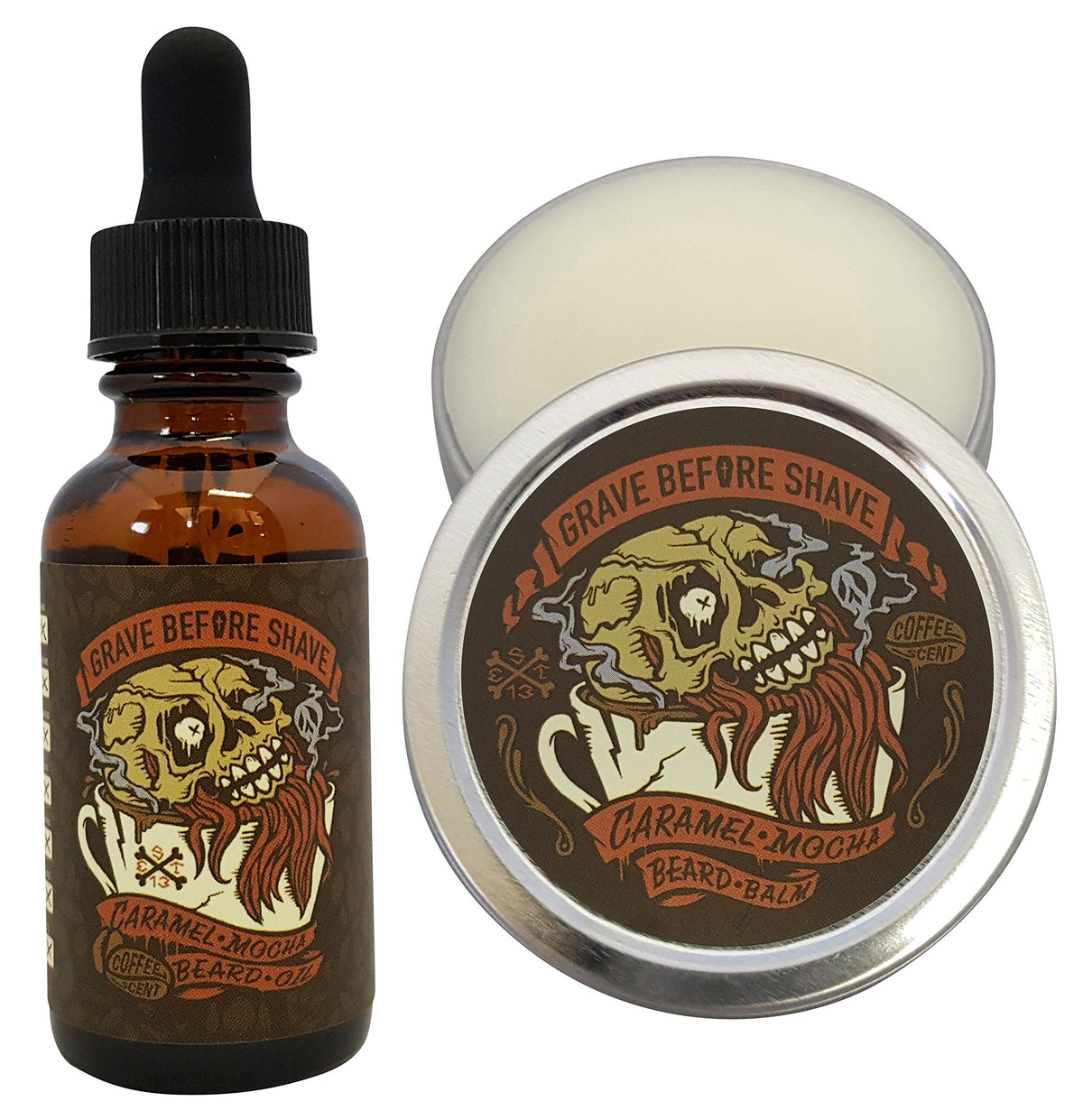 Grave Before Shave Caramel Mocha beard pack front view showing balm tin and oil bottle for conditioned, manageable facial hair