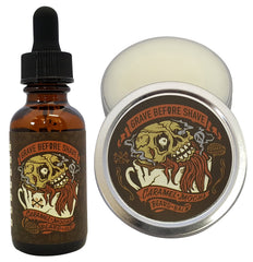 Grave Before Shave Caramel Mocha beard pack front view showing balm tin and oil bottle for conditioned, manageable facial hair