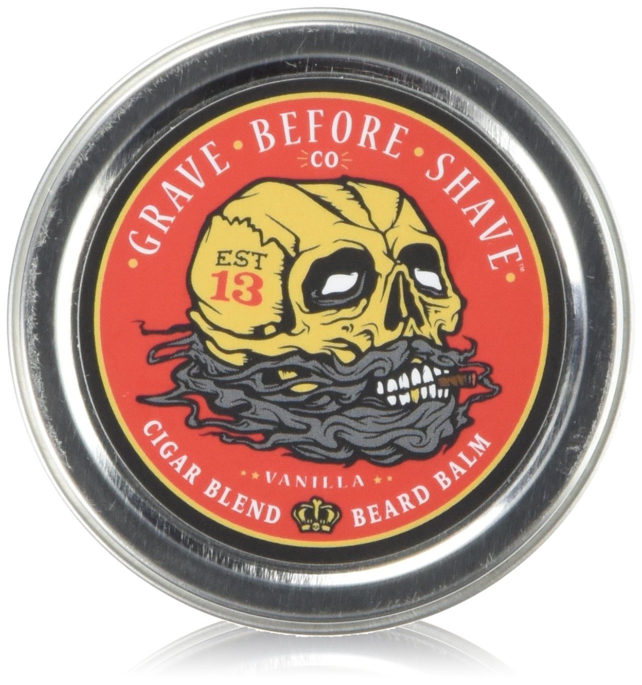 Grave Before Shave Cigar Blend Beard Balm tin showing conditioning formula for tame beard