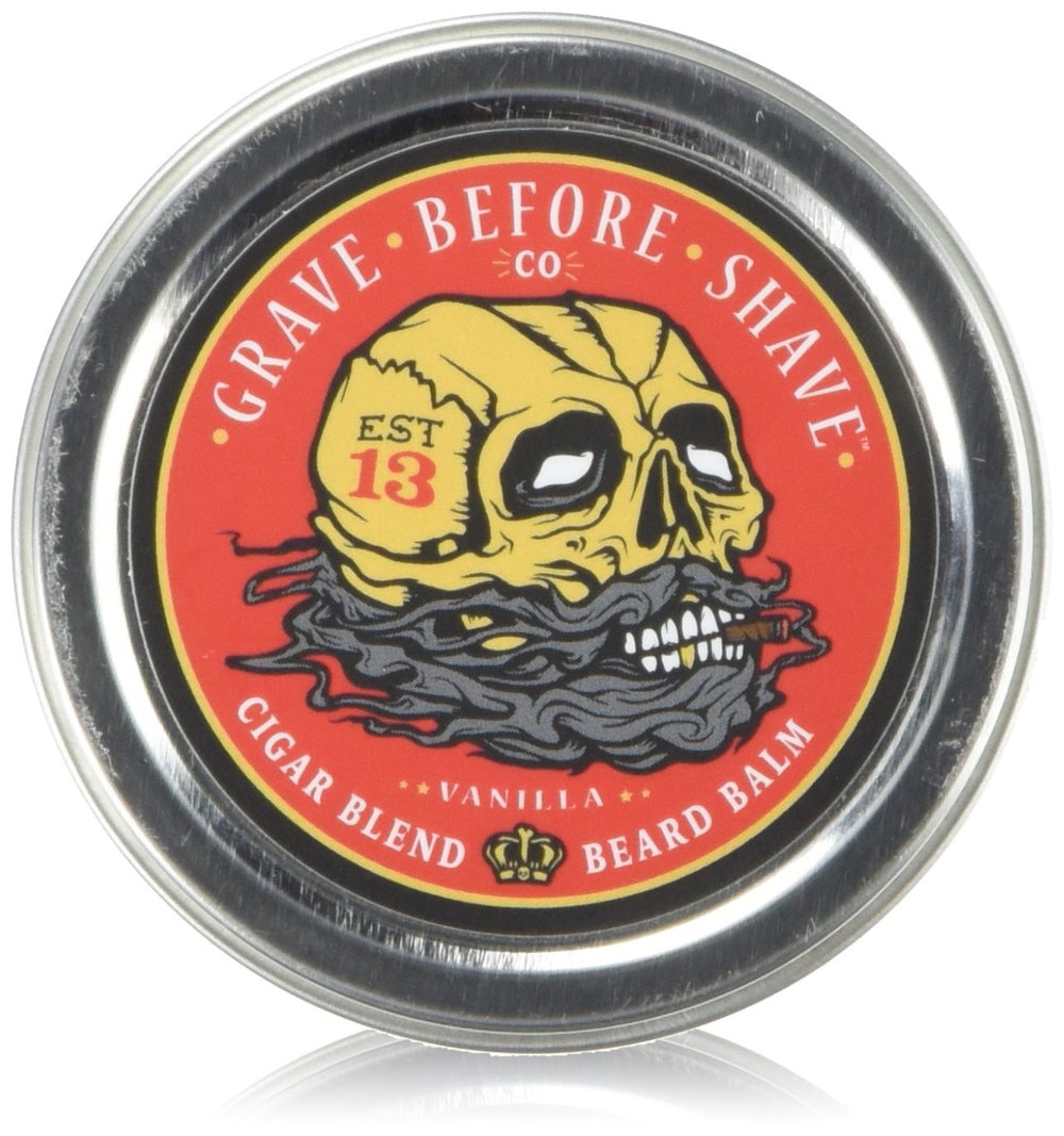 Grave Before Shave Cigar Blend Beard Balm tin showing conditioning formula for tame beard