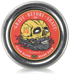 Grave Before Shave Cigar Blend Beard Balm tin showing conditioning formula for tame beard