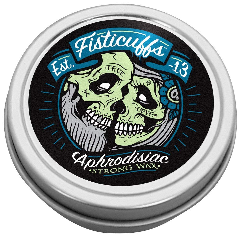 Grave Before Shave Fisticuffs mustache wax tin, leather cedar scent, delivering strong, defined hold.