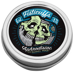 Grave Before Shave Fisticuffs mustache wax tin, leather cedar scent, delivering strong, defined hold.