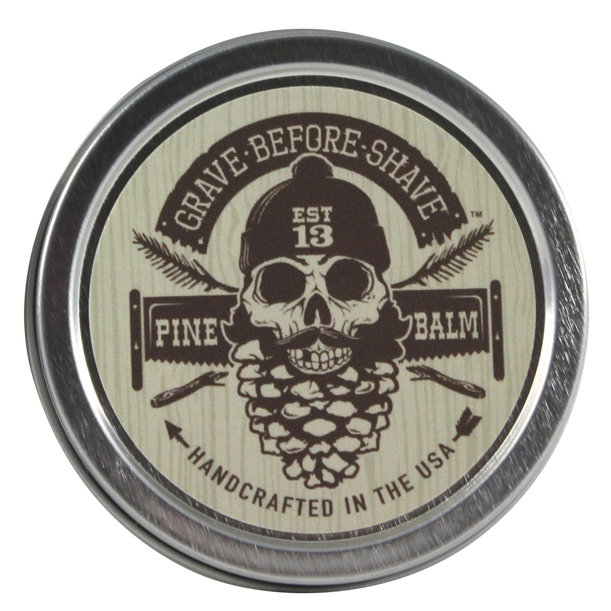 Grave Before Shave Pine Beard Balm tin helps condition and tame a rugged beard.