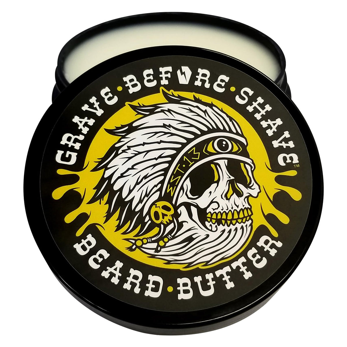 Grave Before Shave Teakwood Blend Beard Butter jar helps soften beard hair and moisturize skin.
