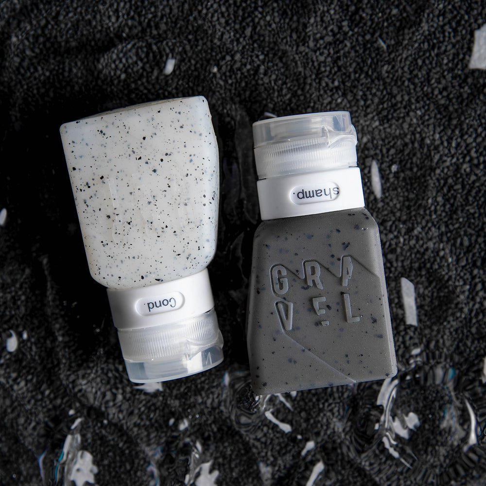 Gravel travel bottles with adjustable label system for clear identification