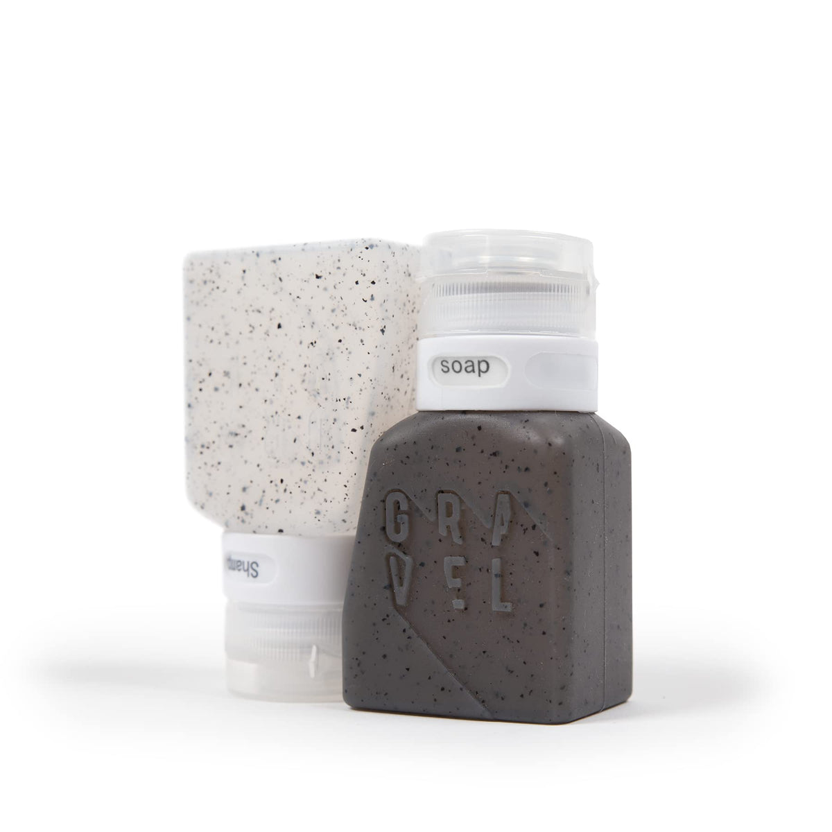 Gravel silicone travel bottles 3oz two-pack on counter for organized toiletries