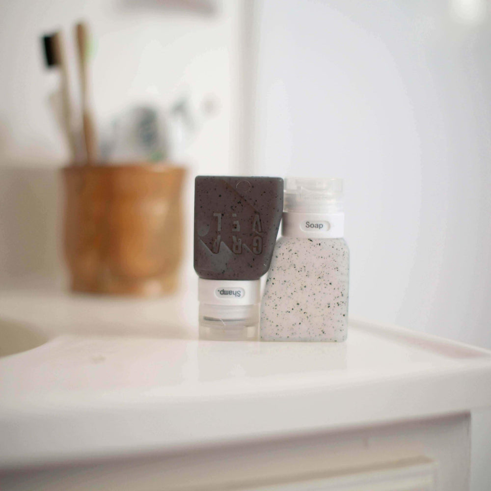 Gravel compact squeezable containers pack neatly in a carry-on