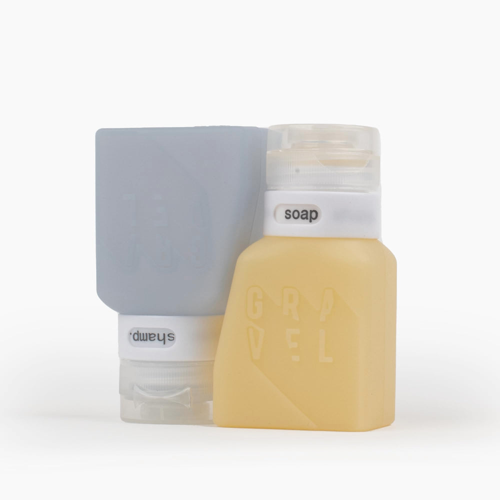 Gravel travel bottles support luggage organization with stackable design and secure lids.
