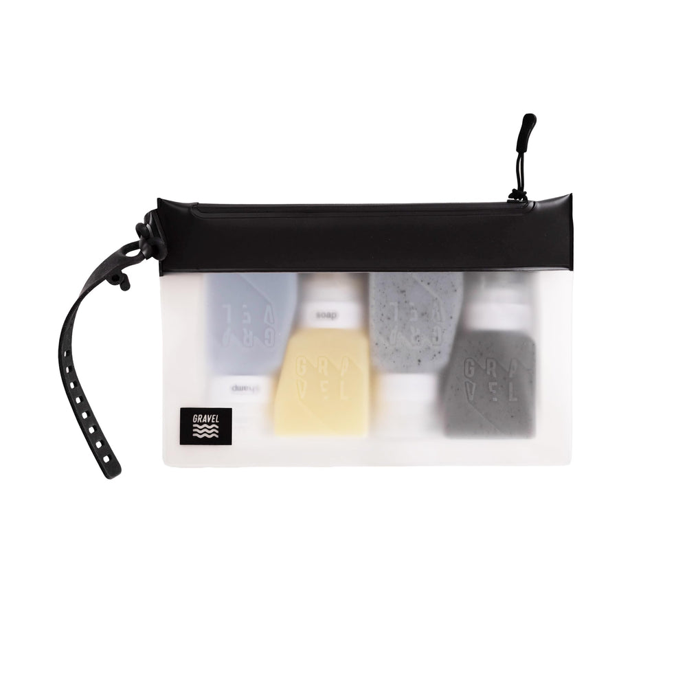 Gravel TSA-approved travel bottles showcased in a compact 4-pack for easy airport packing.