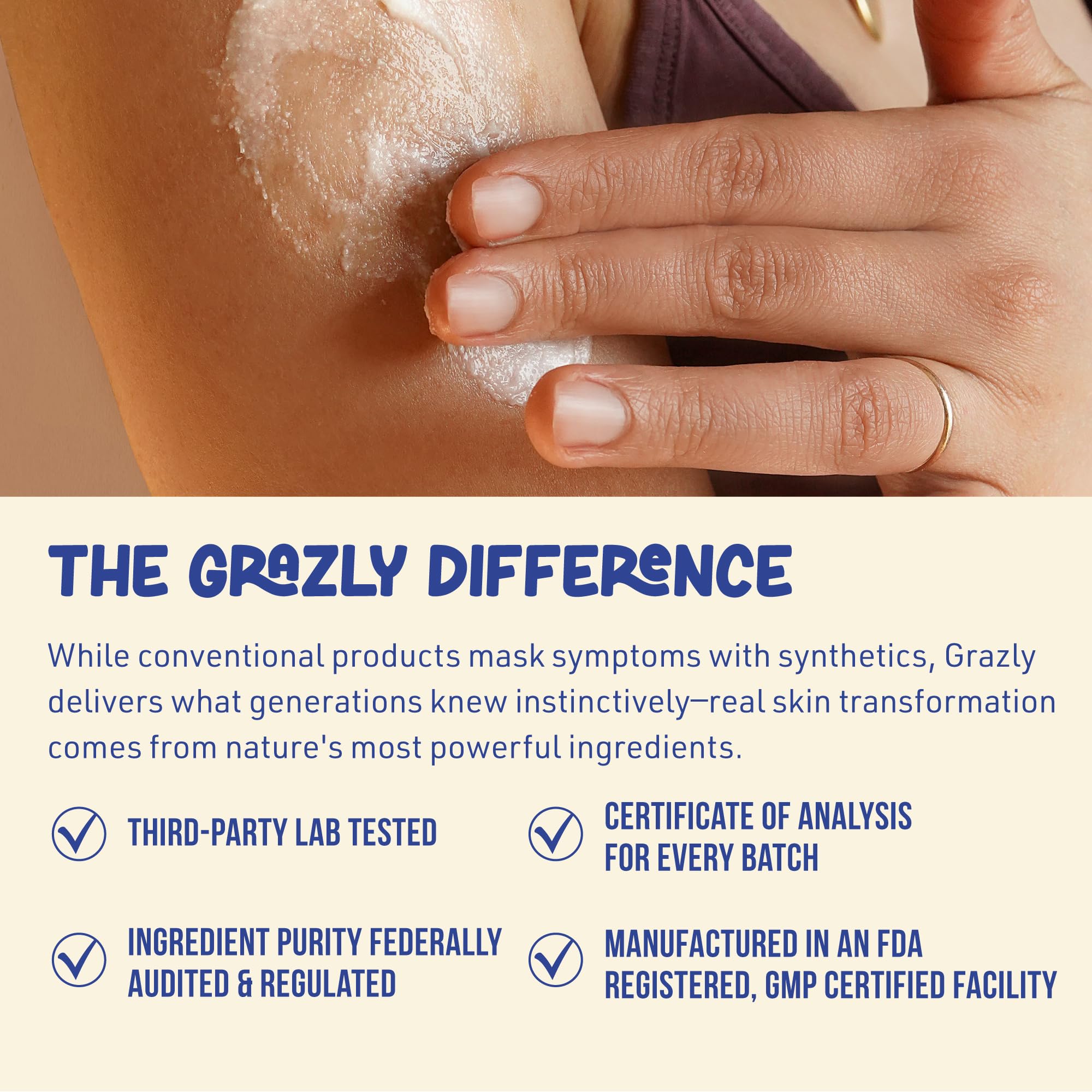 Grazly Grass-fed sourcing scene emphasizes natural, clean ingredients.