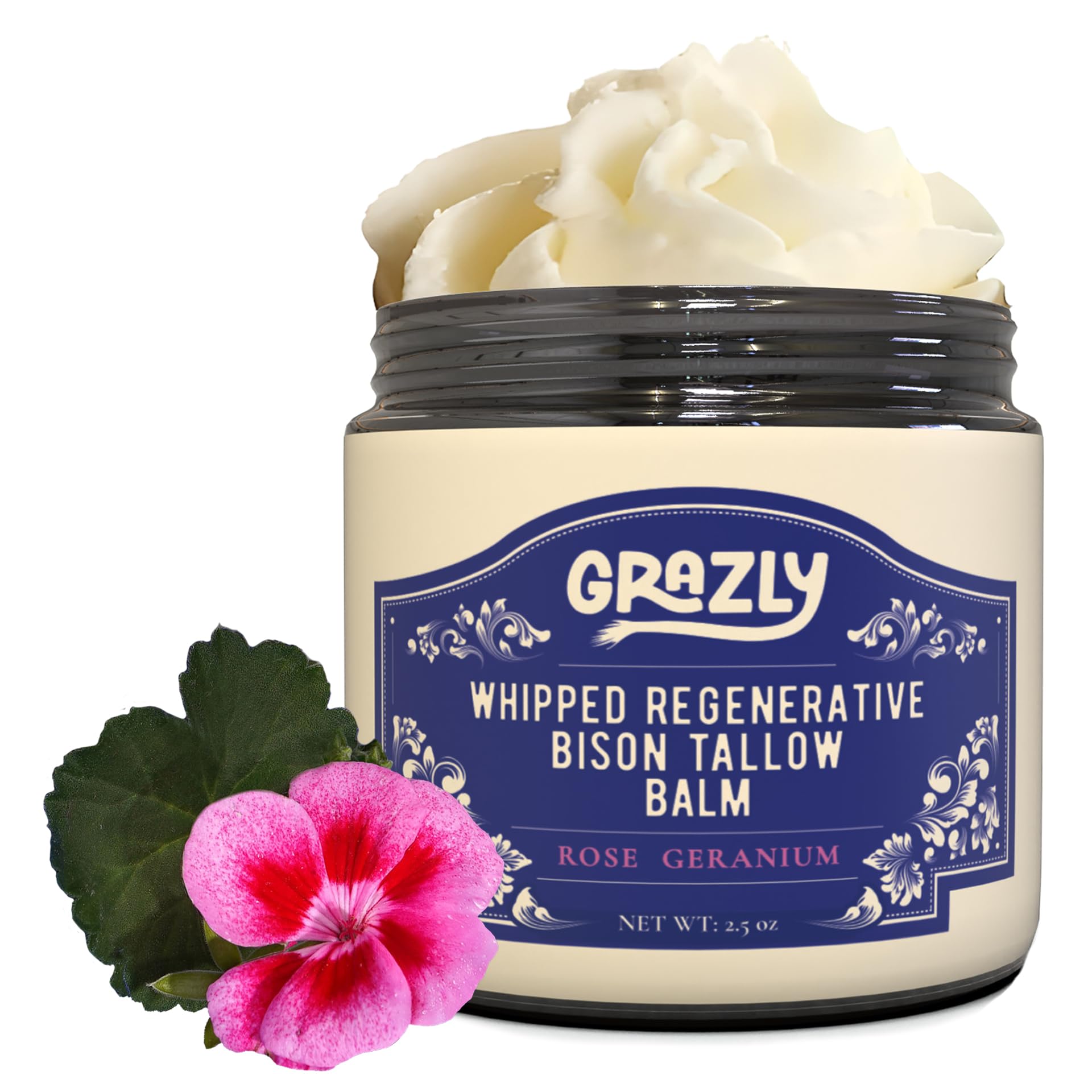 Grazly Whipped Bison Tallow Balm jar closeup for rich hydration.