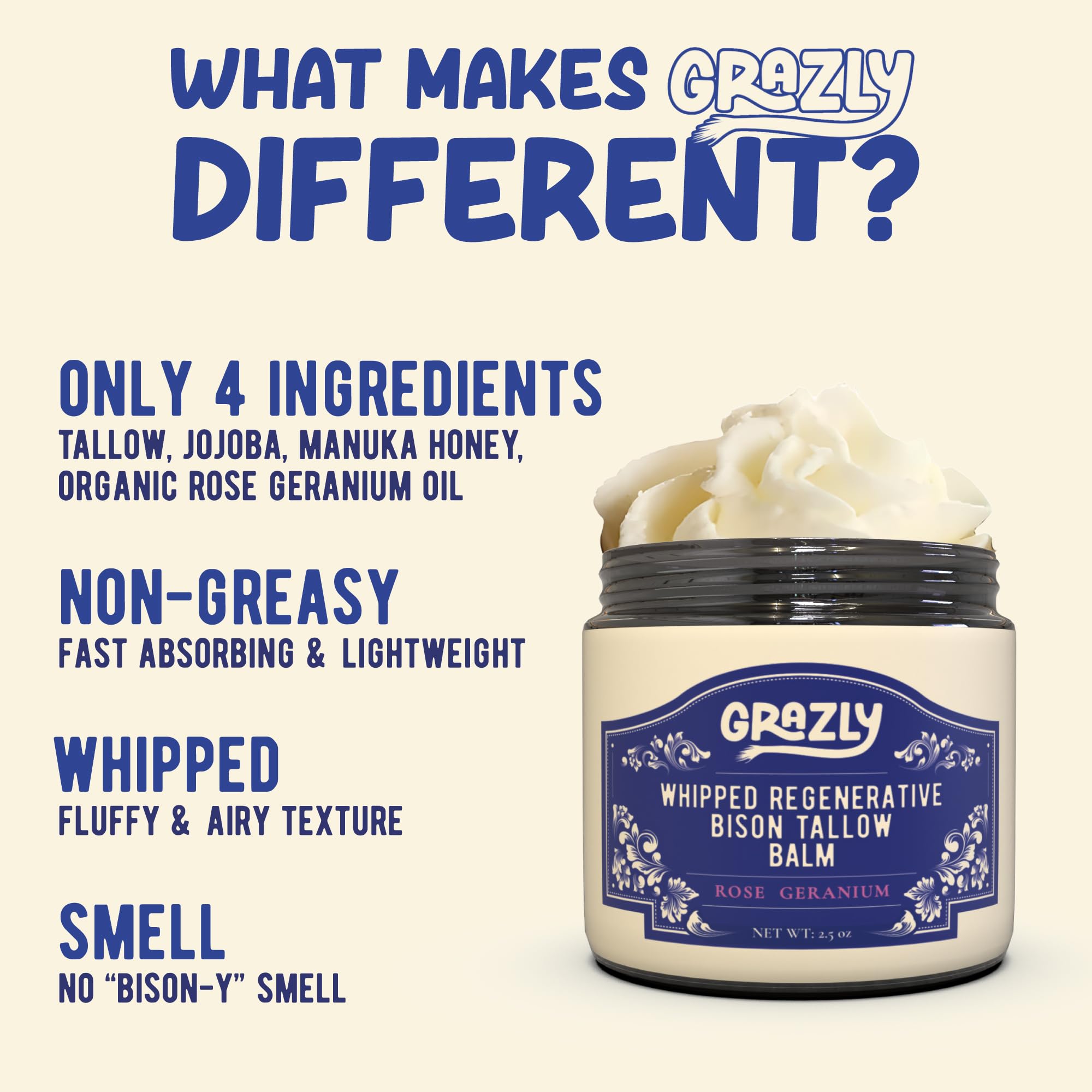Grazly Whipped Bison Tallow Balm texture spread shows quick, non-greasy absorption.