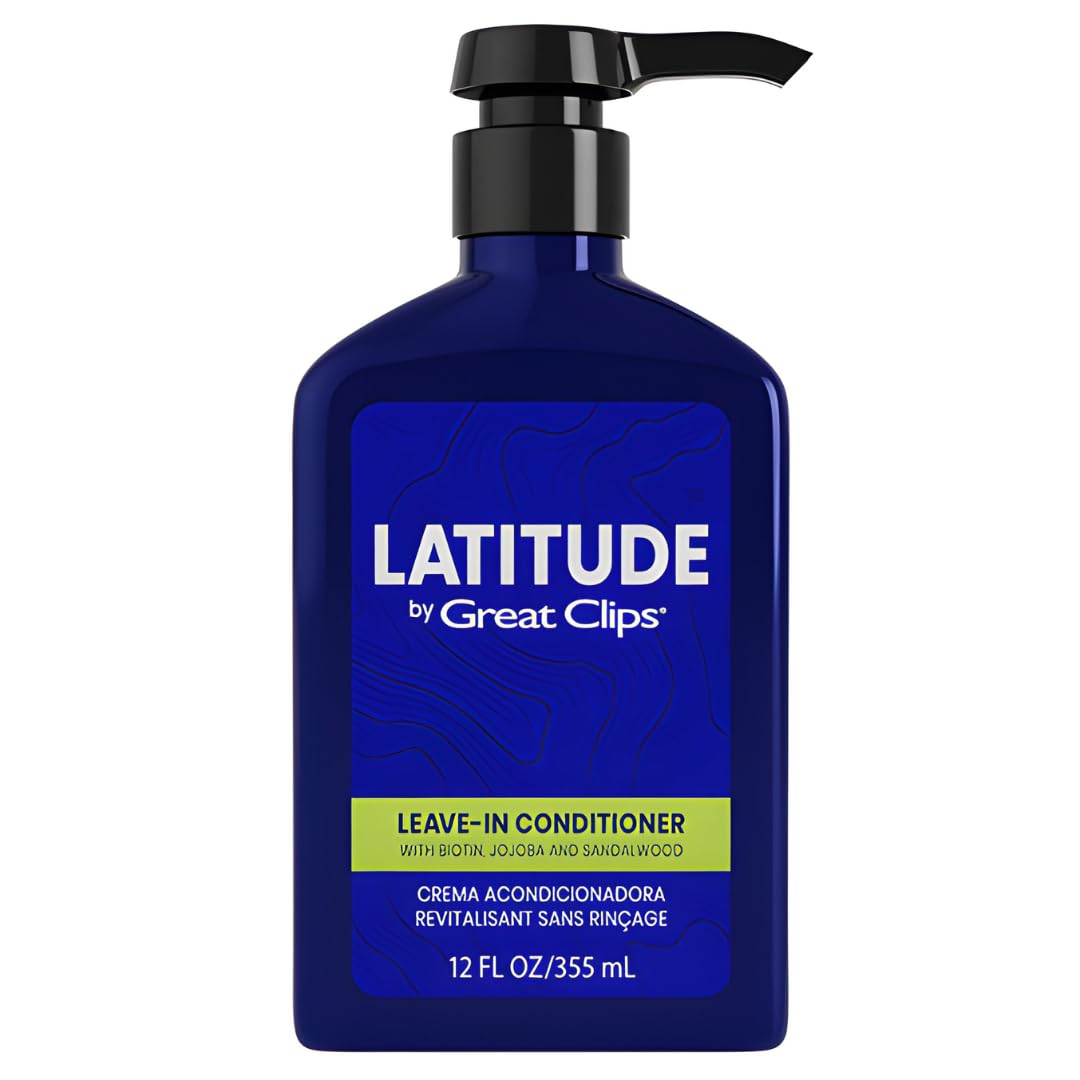 Great Clips Latitude leave-in conditioner bottle highlighting hydrating formula for daily moisture.