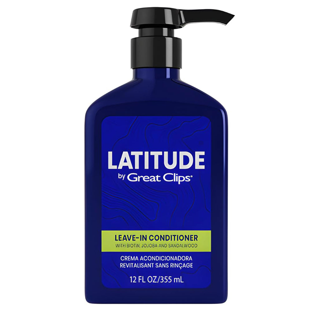 Great Clips Latitude leave-in conditioner bottle highlighting hydrating formula for daily moisture.