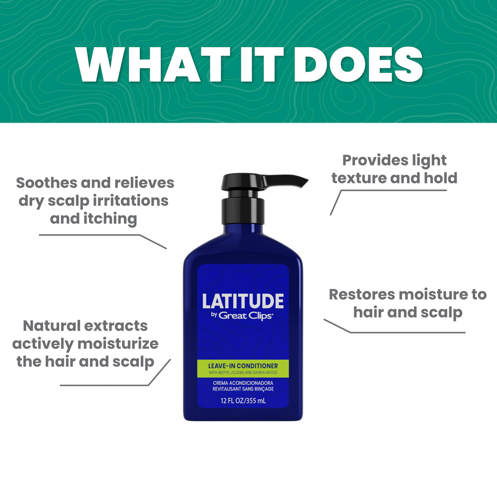 Great Clips Latitude leave-in conditioner dispensing scene illustrating easy, no-rinse application.