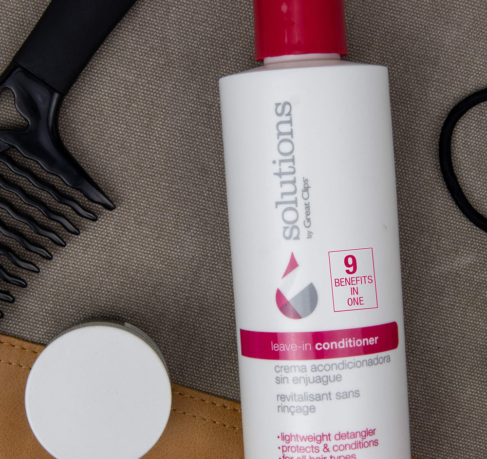 GREAT CLIPS Solutions leave-in conditioner spray dispenses evenly for easy detangling.