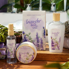 Green Canyon Spa bubble bath bottle emphasizes soothing lavender for indulgent tub time.