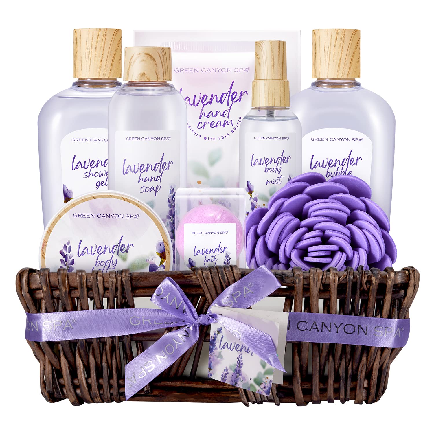 Green Canyon Spa lavender gift basket with soothing bath treats for home spa rituals.