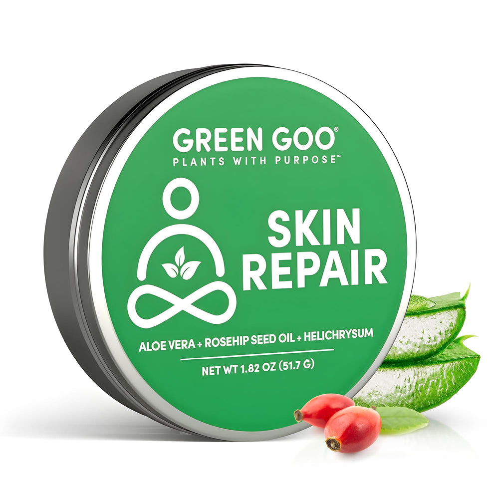 Green Goo dry-skin care swatch demonstrates quick-absorb texture.