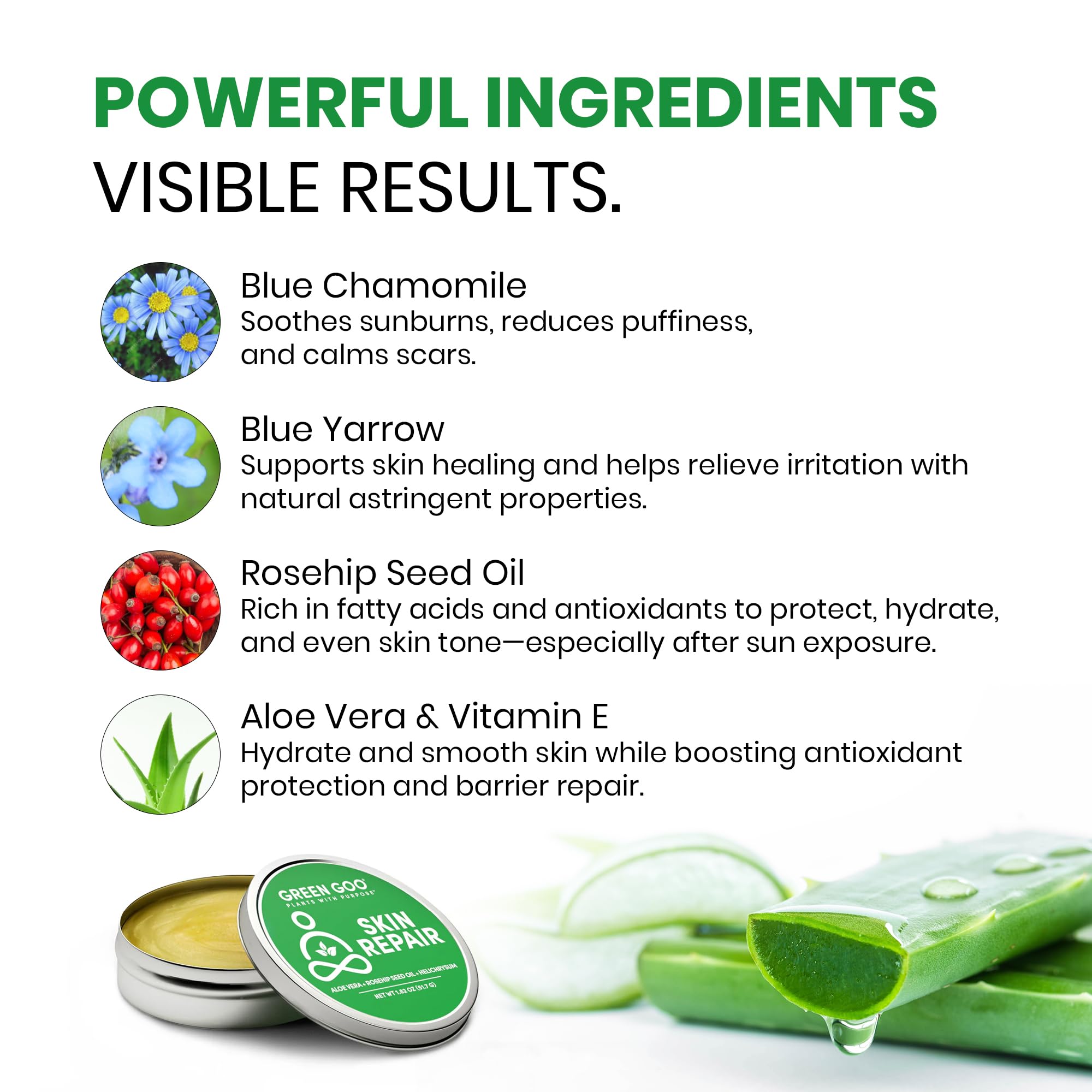 Green Goo rosehip seed oil detail suggests nourishing oils for skin.