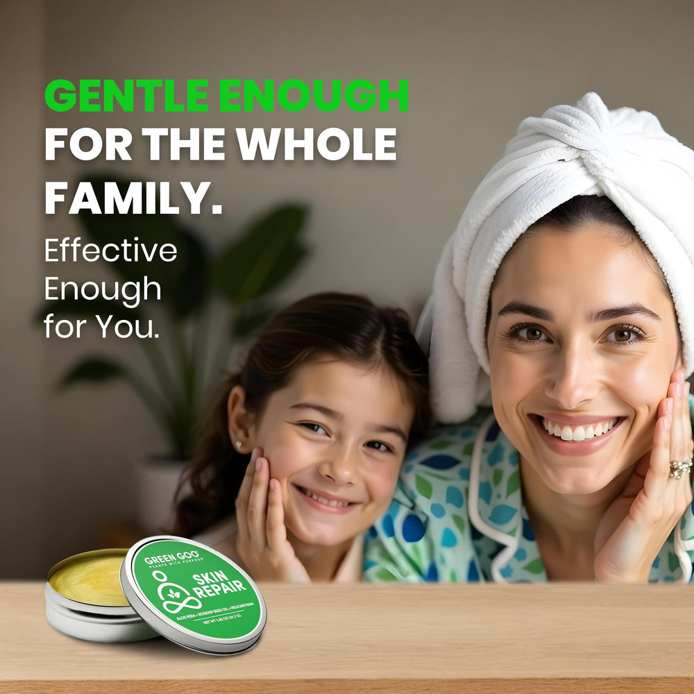 Green Goo salve blue chamomile close-up promoting calming skin comfort