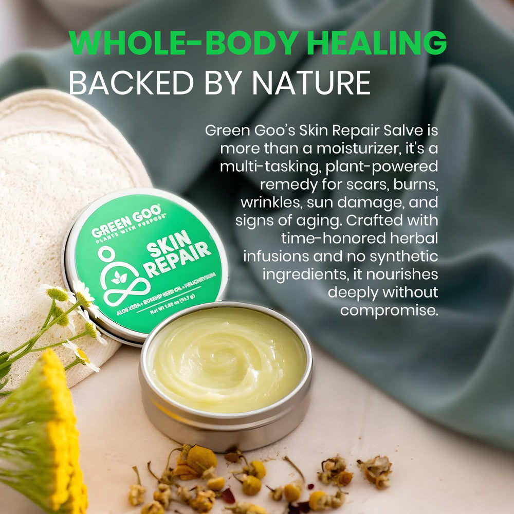 Green Goo salve rosehip oil close-up emphasizing emollience and renewal