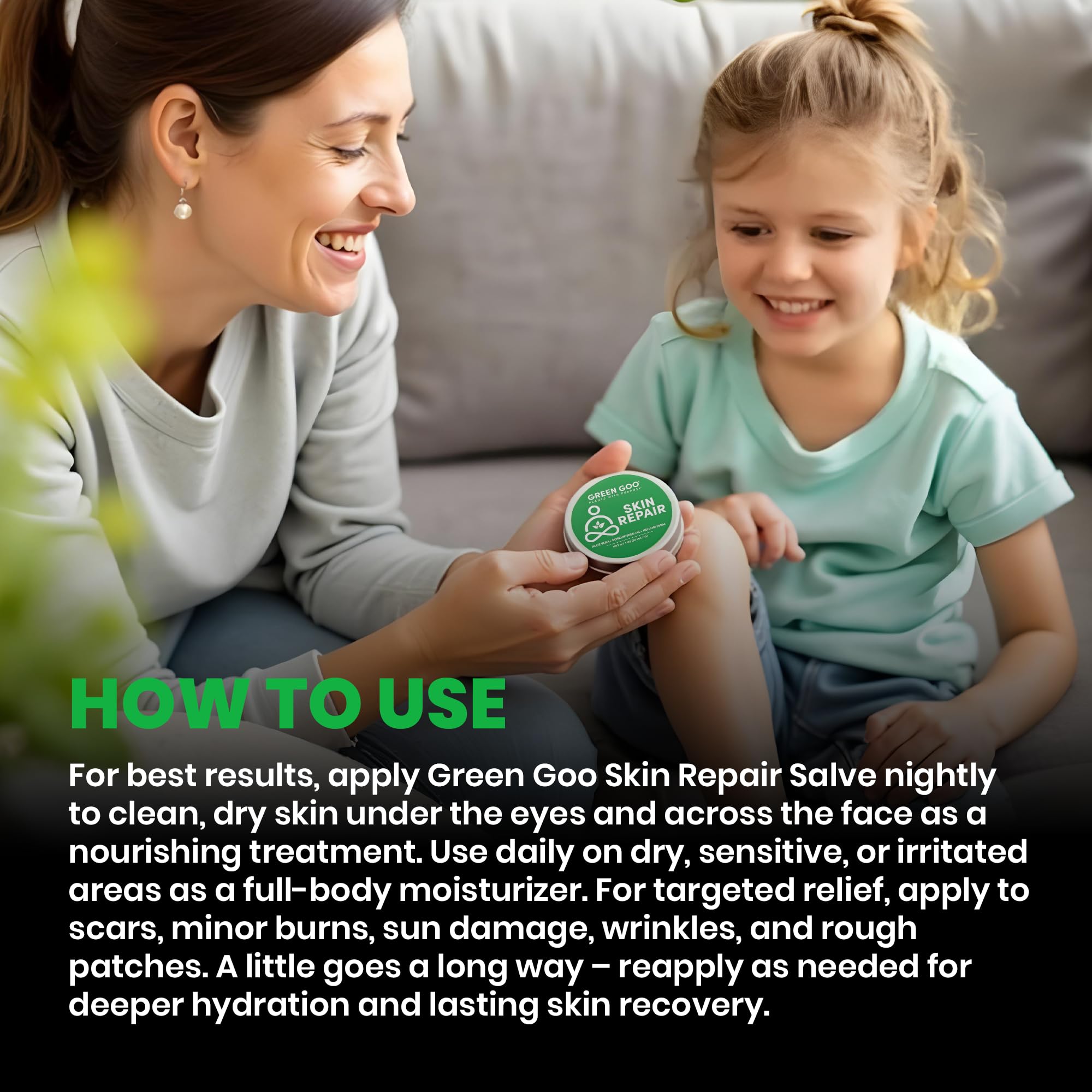 Green Goo salve tin label close-up highlights natural ingredients and quality.