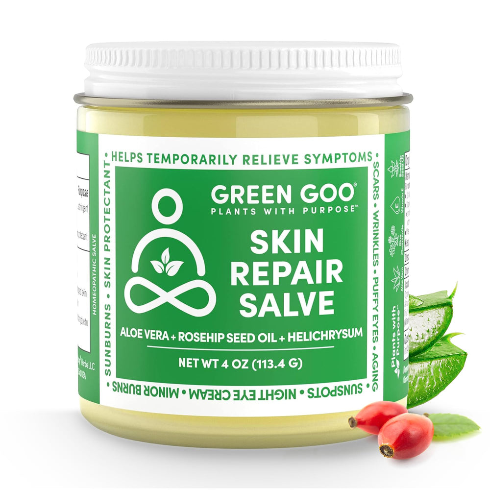 Green Goo Skin Repair Salve with rosehip oil nourishes sun-exposed skin