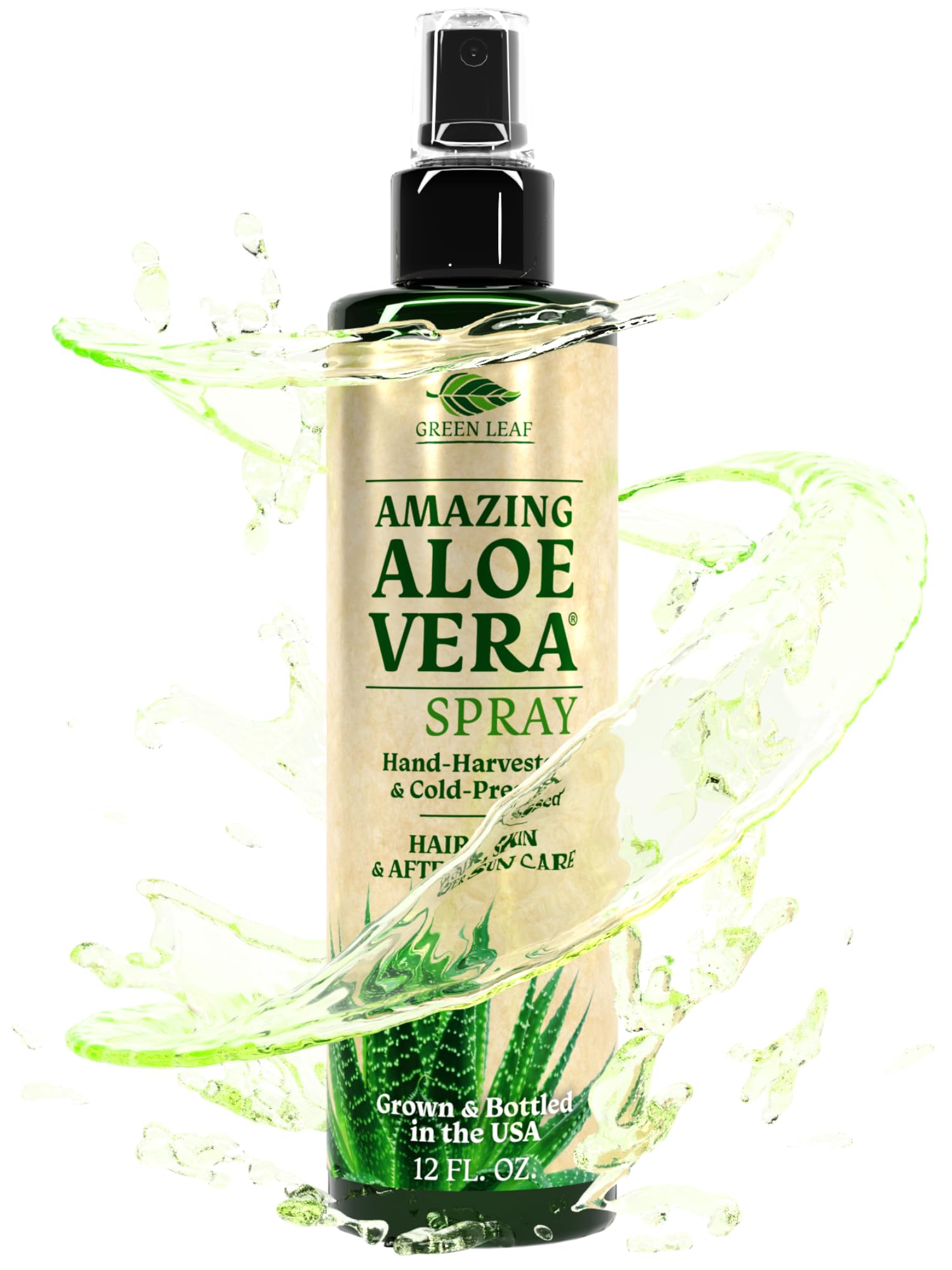 Green Leaf Naturals Aloe Vera Spray bottle shows pure, fast-absorbing hydration for soothing skin.