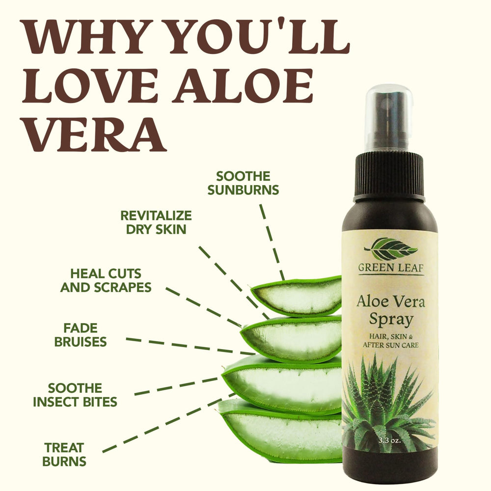 Green Leaf Naturals Aloe Vera Spray USA-made seal signals local craftsmanship.