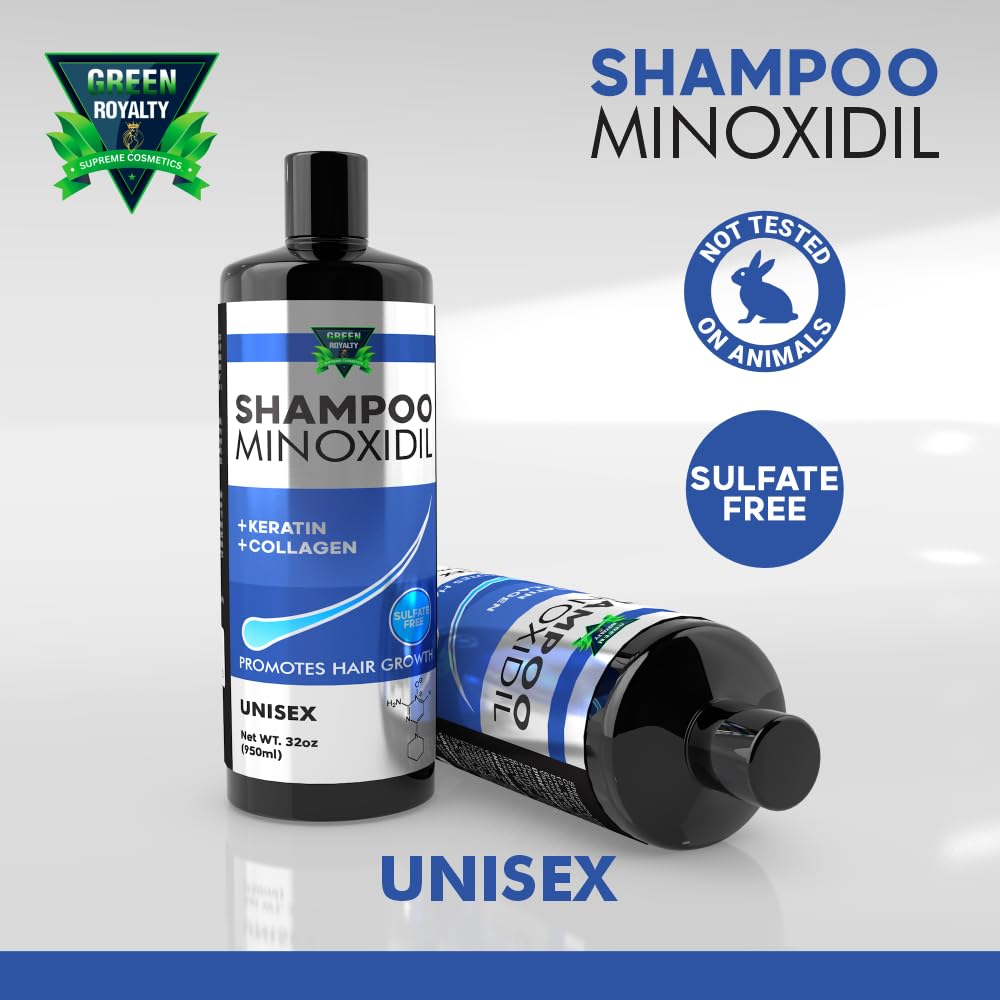 GREEN ROYALTY Minoxidil Shampoo 32oz bottle emphasizes value-size for long-term use.