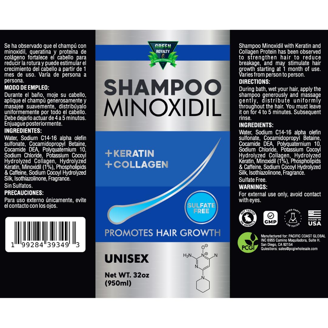 GREEN ROYALTY Minoxidil Shampoo keratin collagen ingredients highlight enhanced manageability.