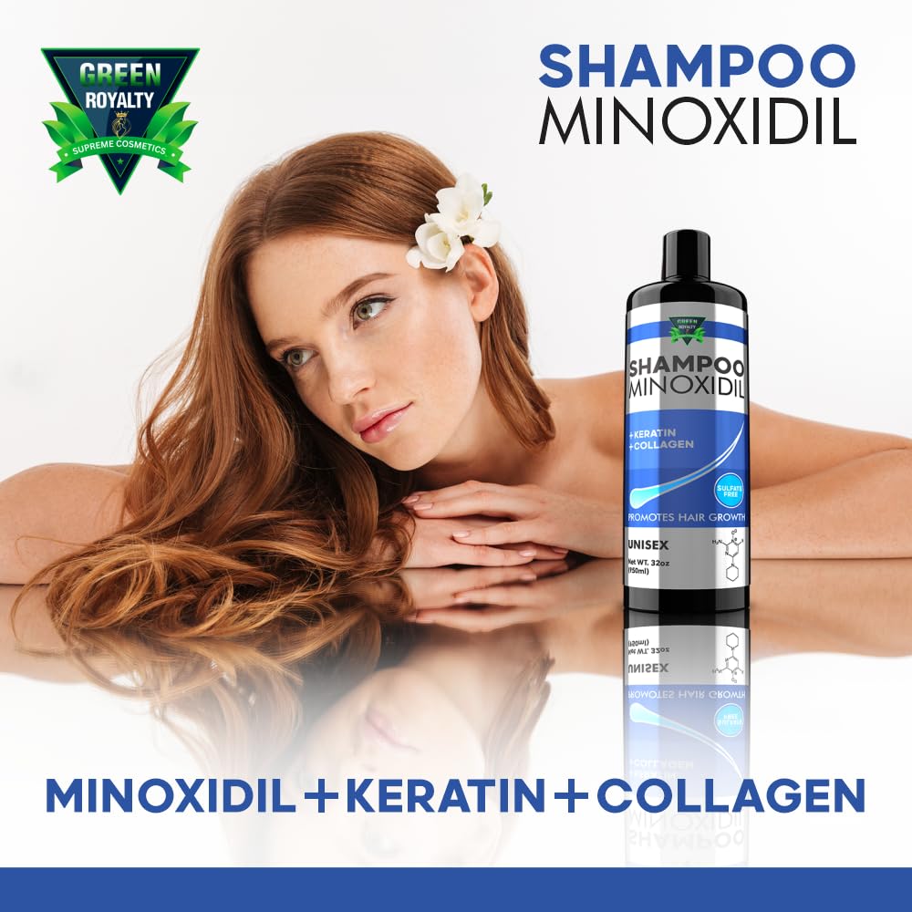 GREEN ROYALTY Minoxidil Shampoo unisex packaging demonstrates versatile use for all hair types.