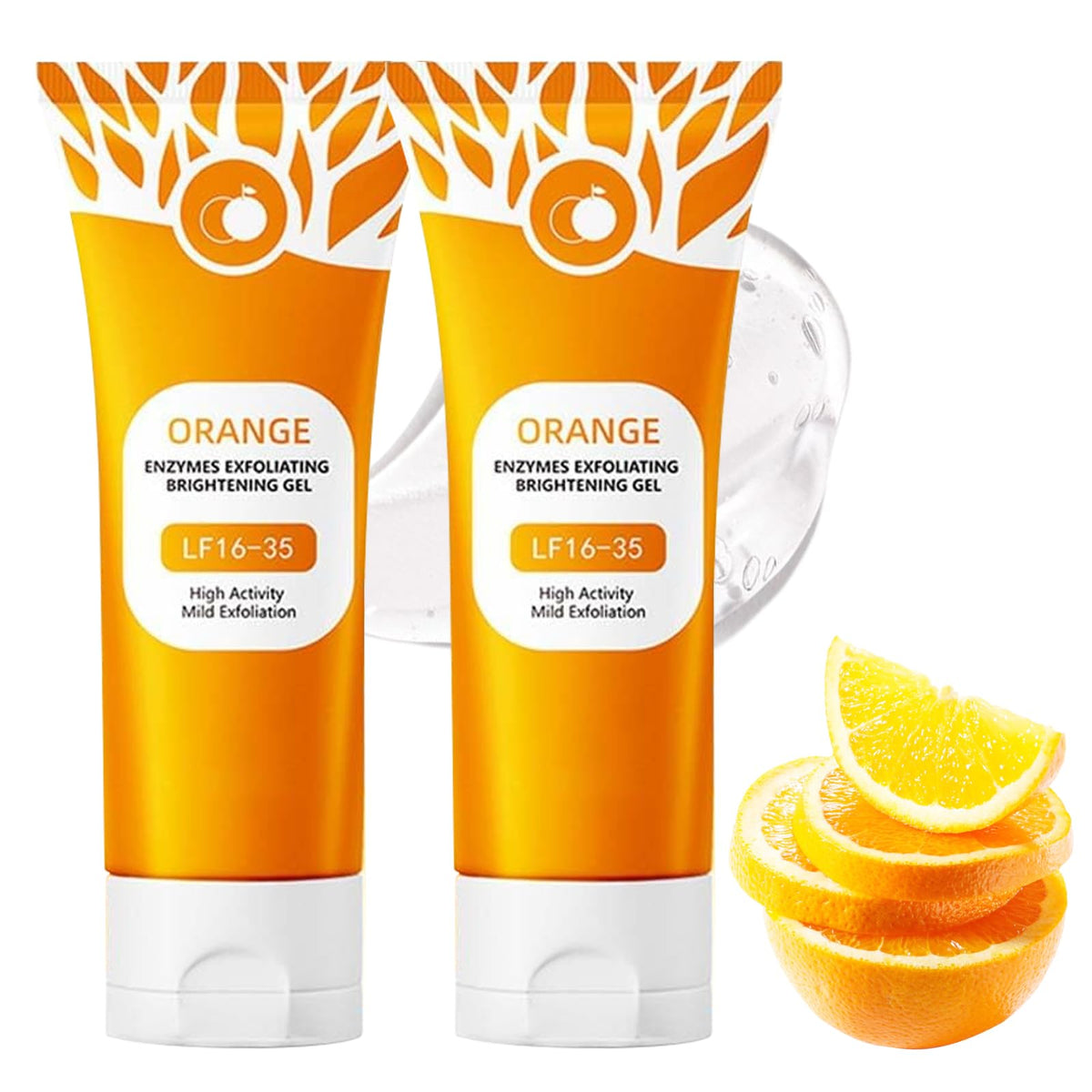 Green Tomato orange peeling gel bottle highlights citrus exfoliation for all skin types.