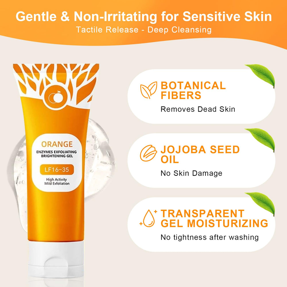 Green Tomato orange peeling gel jar closeup shows gentle texture and natural ingredients.