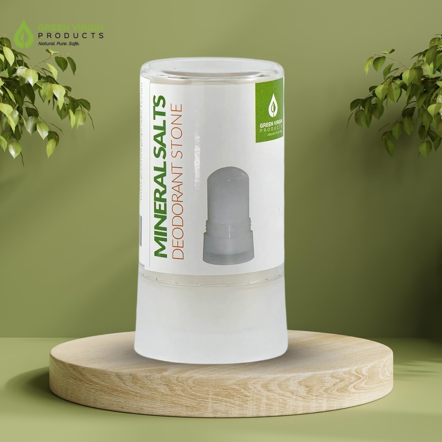 Green Virgin Products deodorant stone on hand illustrating long-lasting protection
