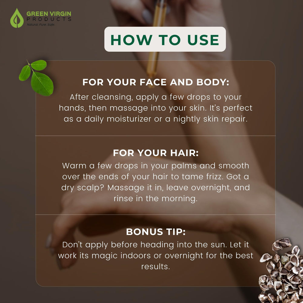 Green Virgin Products Moringa Oil 4oz glass bottle on a clean surface, emphasizing premium extra virgin quality.