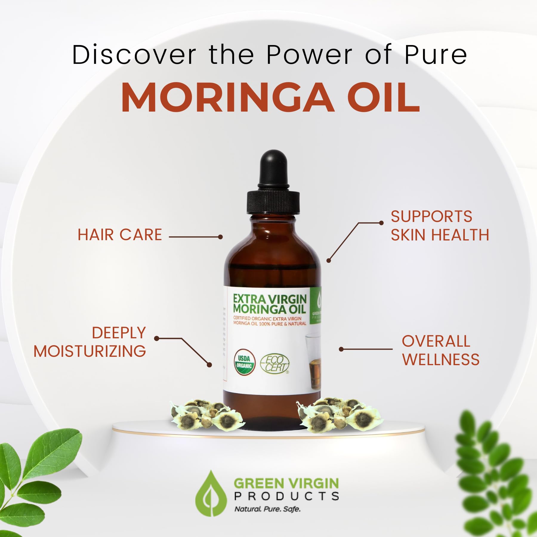 Green Virgin Products Moringa Oil being applied to hands as a lightweight moisturizer.
