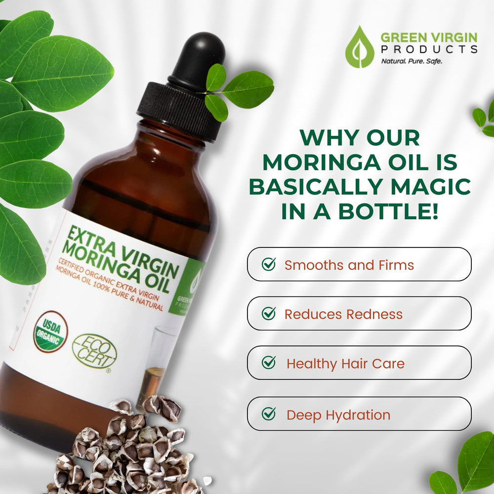 Green Virgin Products Moringa Oil dropper cap close-up highlighting purity and smooth skin absorption.