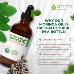 Green Virgin Products Moringa Oil dropper cap close-up highlighting purity and smooth skin absorption.