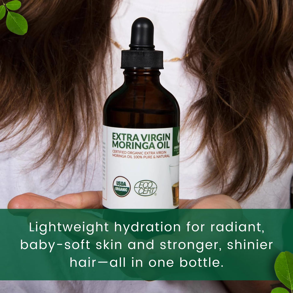 Green Virgin Products Moringa Oil label showing cold-pressed, 100% pure food-grade status.