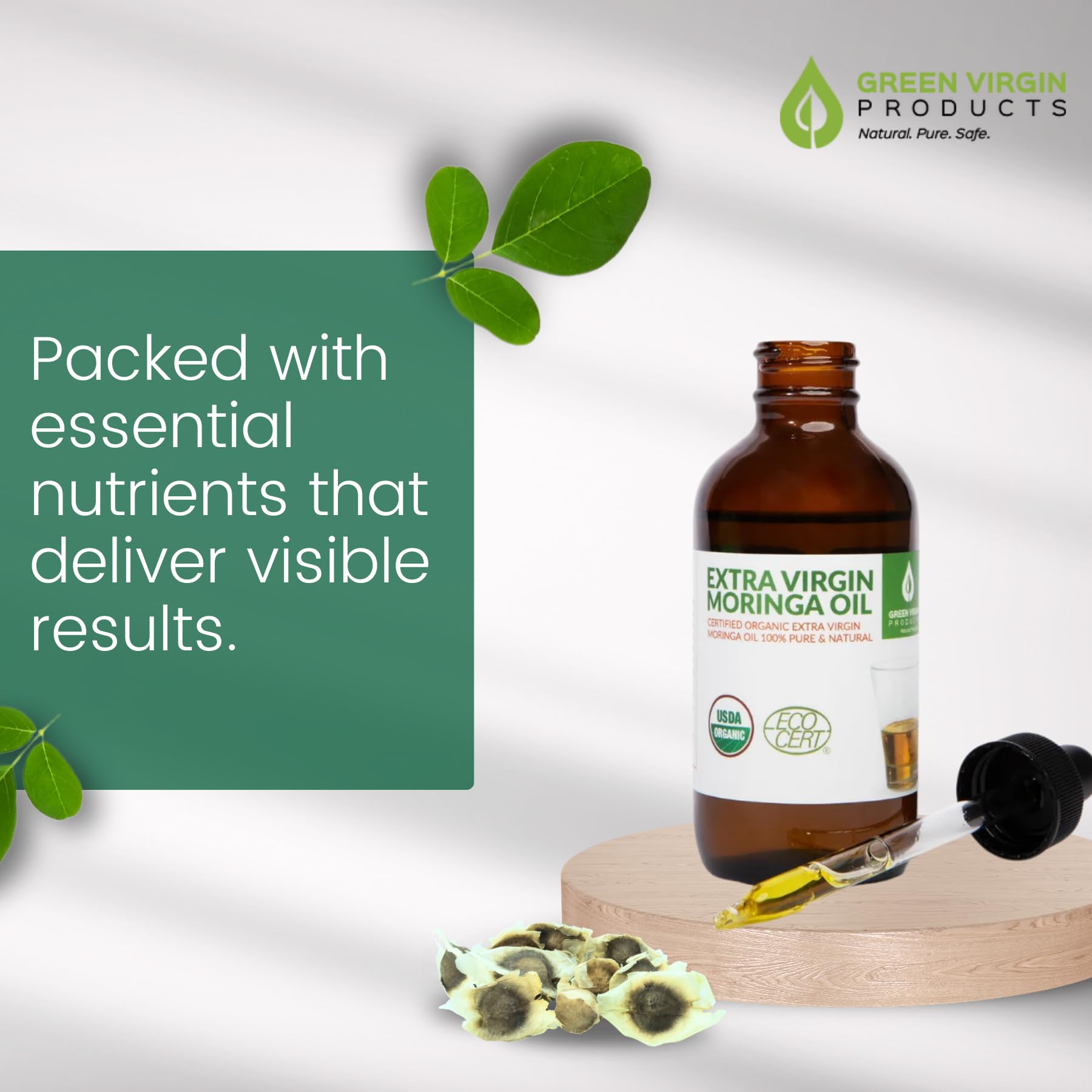 Green Virgin Products Moringa Oil portrait on skin demonstrating fast absorption and hydration.